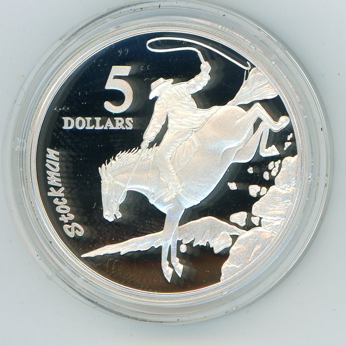 Thumbnail for 1996 $5 From Masterpieces - Stockman The Coin is Sterling Silver and contains over 1oz of Pure Silver.