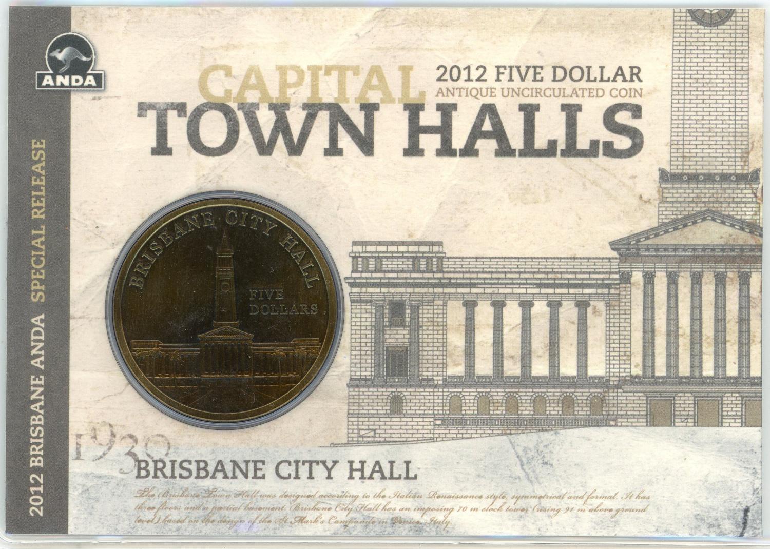 Thumbnail for 2012 $5 Antique UNC Coin Capital Town Halls - Brisbane