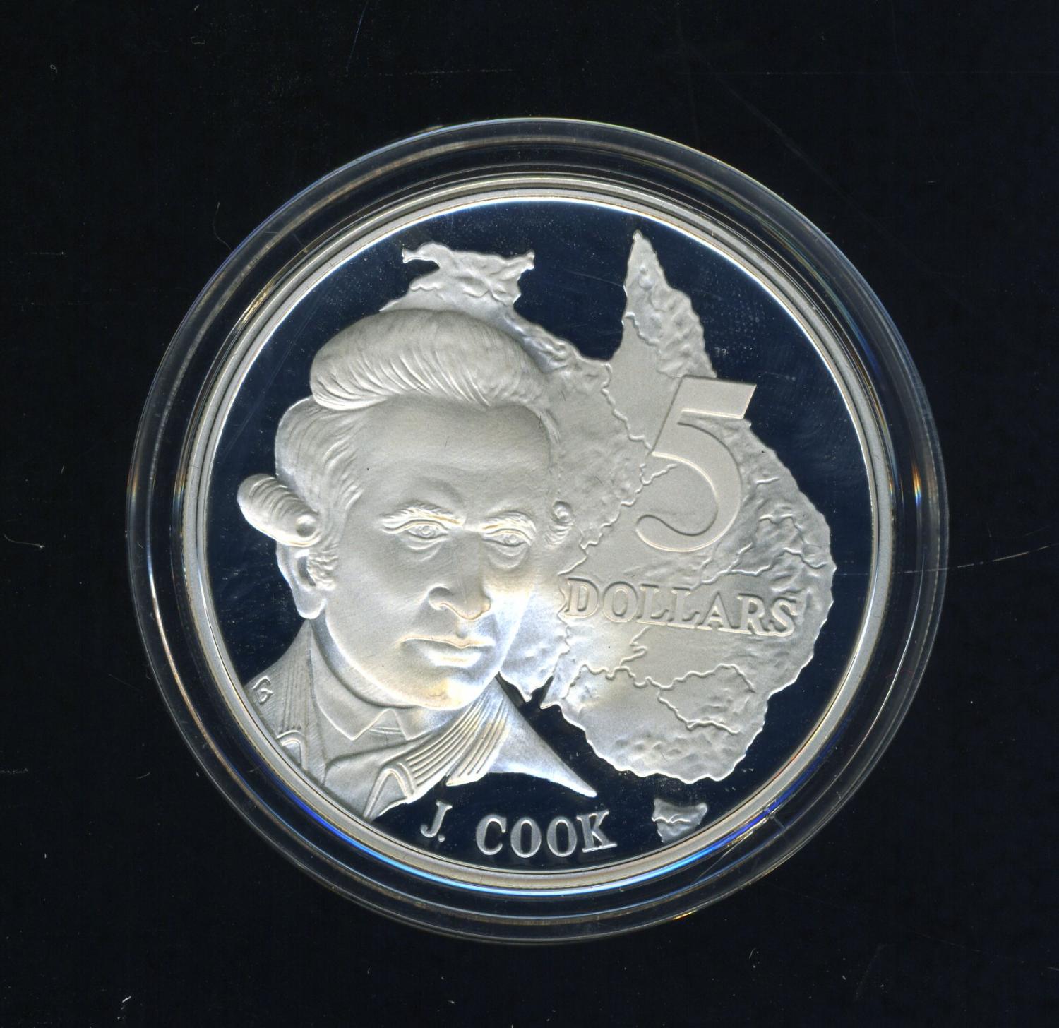 Thumbnail for 1993 Australian $5 Silver Coin from Masterpieces in Silver Set - James Cook.  The Coin is Sterling Silver and contains over 1oz of Pure Silver.