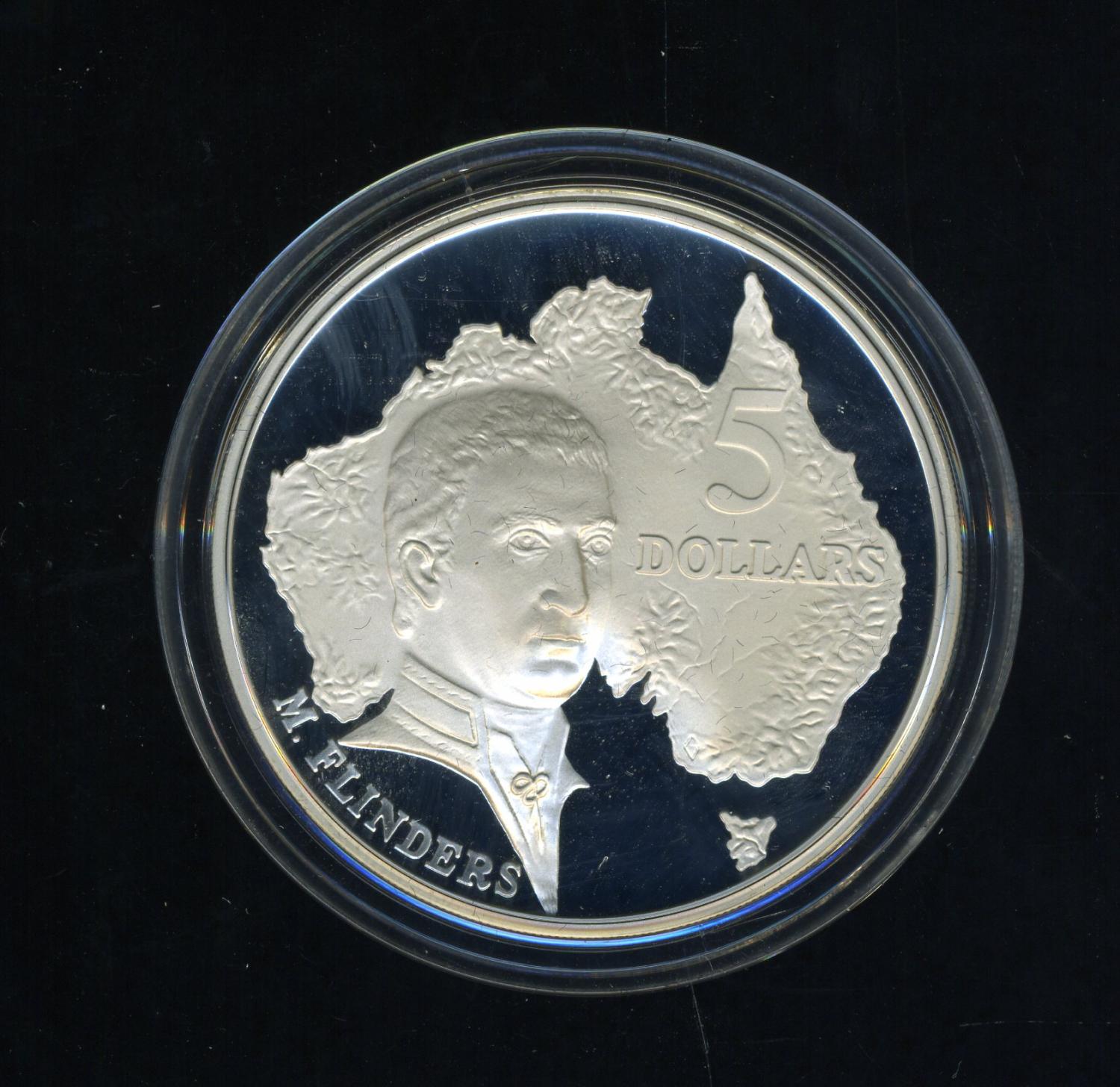 Thumbnail for 1993 Australian $5 Silver Coin from Masterpieces in Silver Set - Matthew Flinders.  The Coin is Sterling Silver and contains over 1oz of Pure Silver.
