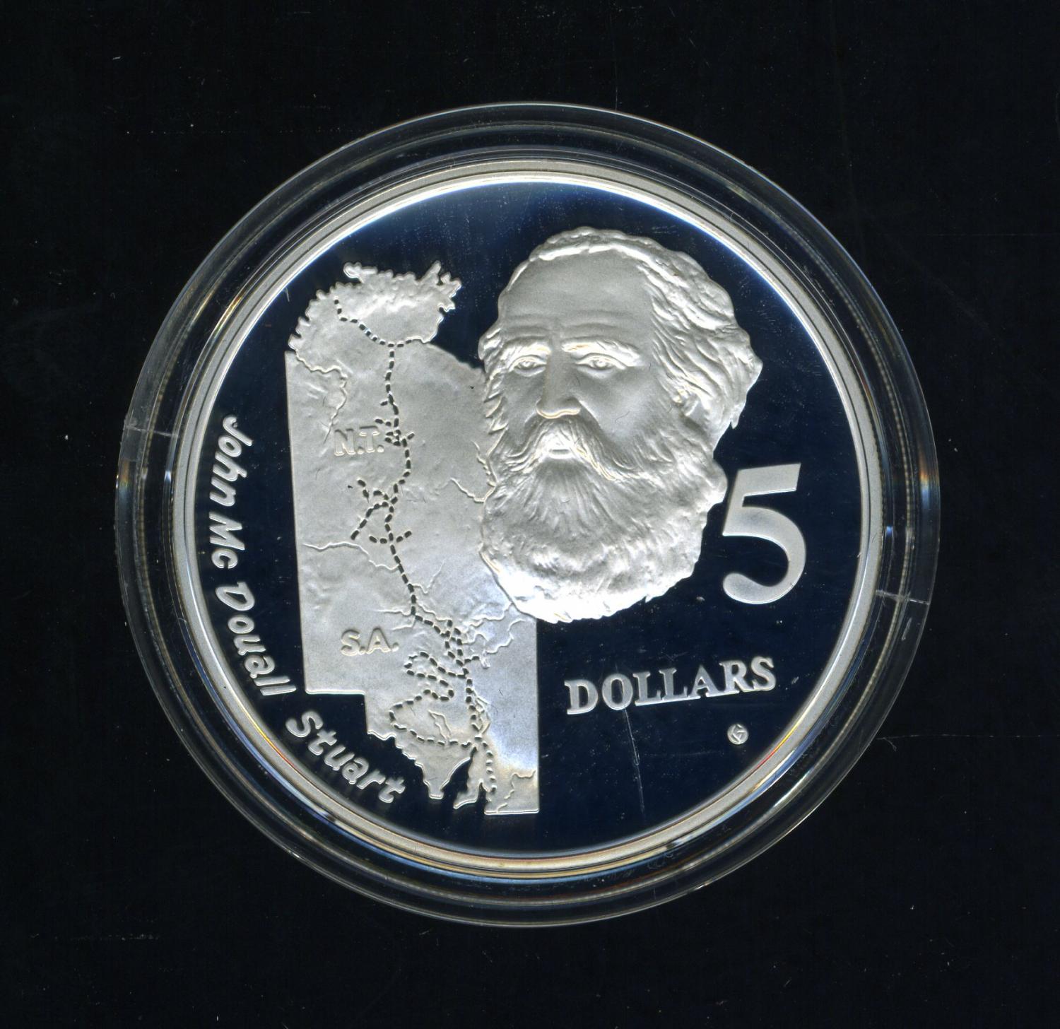 Thumbnail for 1994 Australian $5 Silver Coin From Masterpieces in Silver Set - John McDouall Stuart.  The Coin is Sterling Silver and contains over 1oz of Pure Silver.