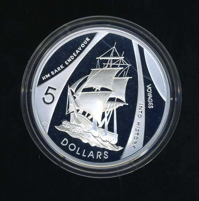 Thumbnail for 2002 Australian $5.00 Silver Coin from Masterpieces in Silver Set - HM Bark Endeavour.  The Coin is .999 Silver.