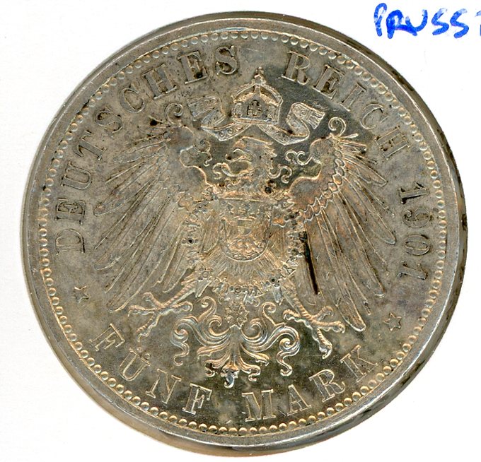 Thumbnail for 1901A Prussia Silver Five Marks aUNC