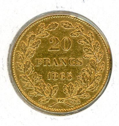 Thumbnail for 1865 Belgium Gold 20 Francs (C)
