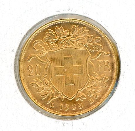 Thumbnail for 1935 Swiss 20 Francs aUNC