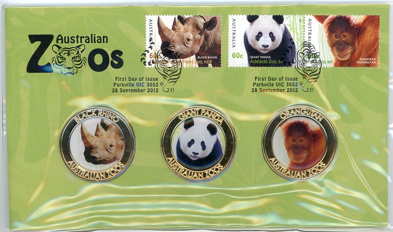 Thumbnail for 2012 Australian Zoos Medallic PNC - Black Rhino, Giant Panda & Orangutan
