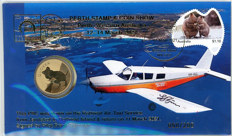 Thumbnail for 2021 Quokka PNC Flown from Jandakot to Rottnest Island & Return by Rottnest Air-Taxi Service &  Signed By Pilot - Perth Stamp & Coin Show 