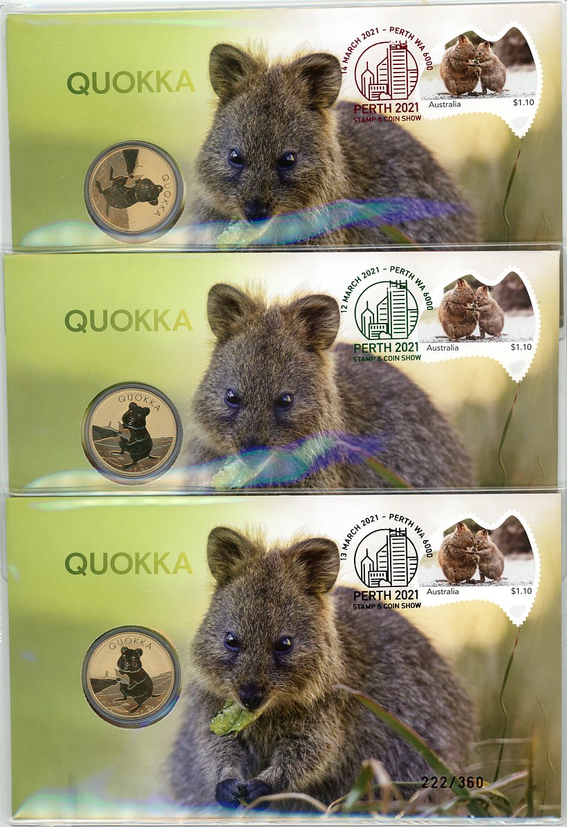 Thumbnail for 2021 Quokka PNC Perth Stamp & Coin Show Complete Set of Three Dated 12-13-14 March Individually (Red Black Green Postmarks)