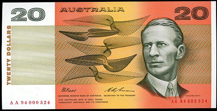 Thumbnail for 1994 $20 Fraser-Evans Red Serials AA94 000524 UNC