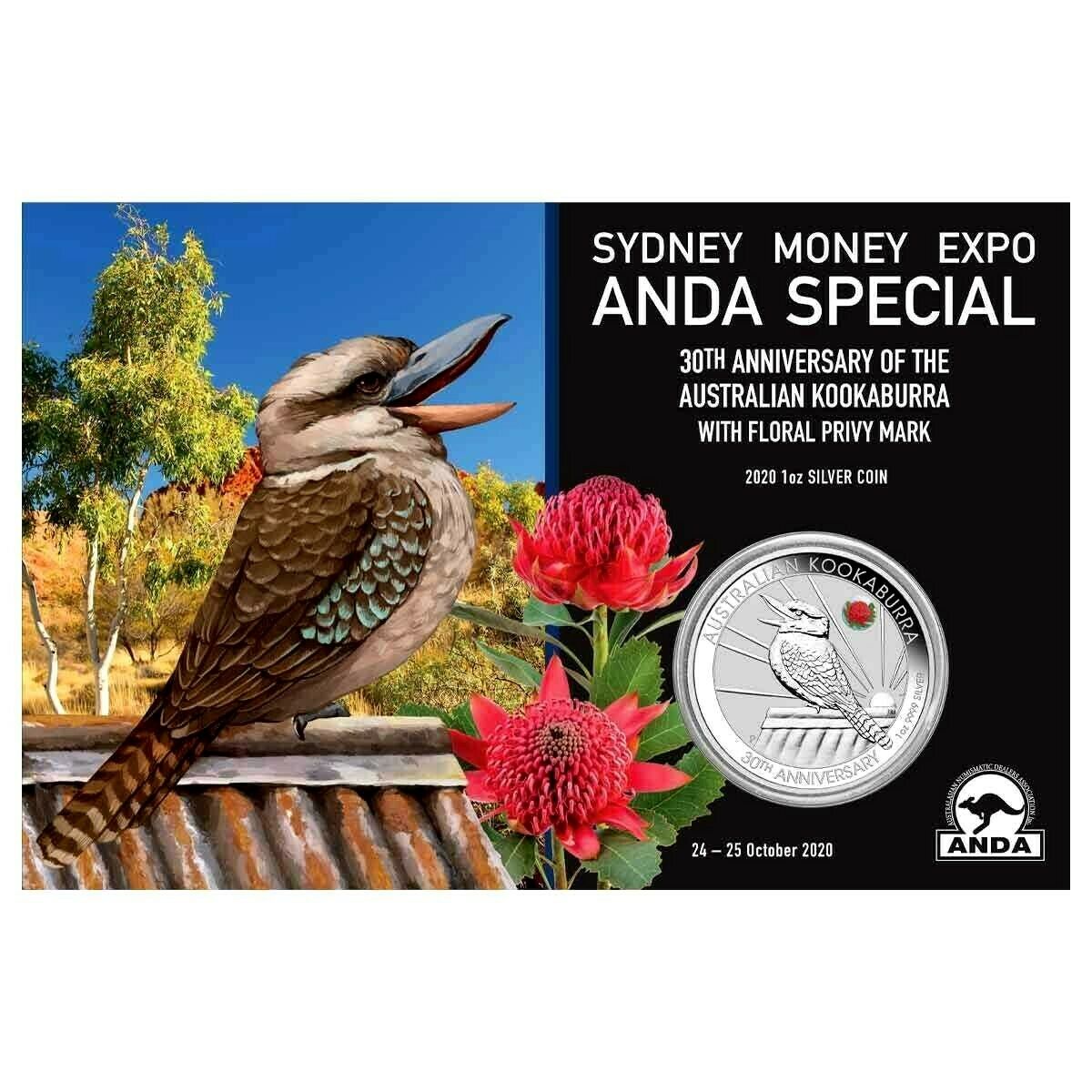 Thumbnail for 2020 Sydney ANDA Expo Special 30th Anniversary Australian Kookaburra 1oz Silver Coin with Floral Privy Mark