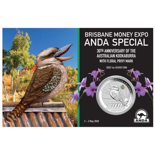 Thumbnail for 2020 Brisbane ANDA Expo Special 30th Anniversary Australian Kookaburra 1oz Silver Coin with Cooktown Orchid Privy