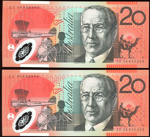 Thumbnail for 2008 $20 Polymer Consecutive Pair First Prefix AA08 849804-805 UNC