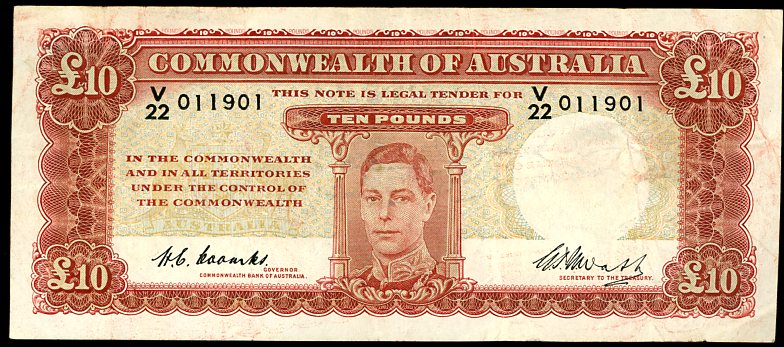 Thumbnail for 1949 Ten Pound Note Coombs - Watt Last Prefix V22 011901 aVF