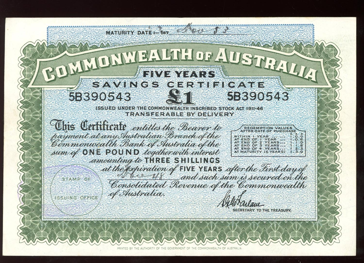 Thumbnail for 1948 £1 War Savings Certificate - 5B 390543