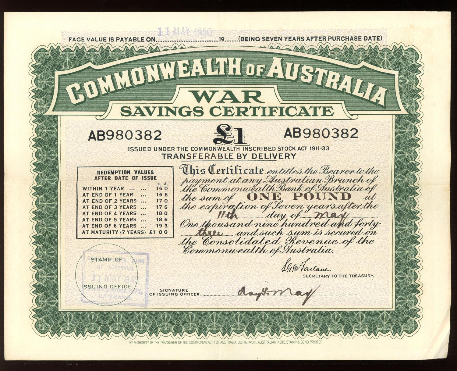 Thumbnail for May 1943 £1 War Savings Certificate - AB980382