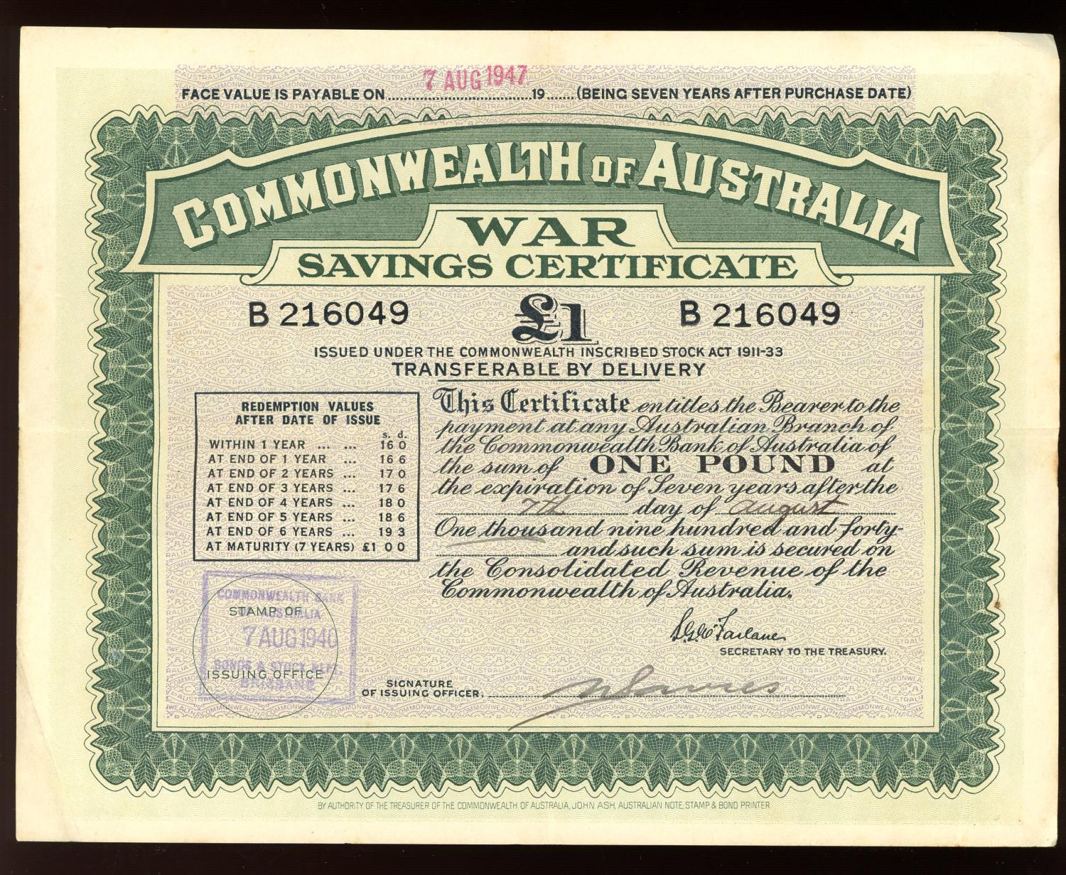 Thumbnail for August 1940 £1 War Savings Certificate - B216049