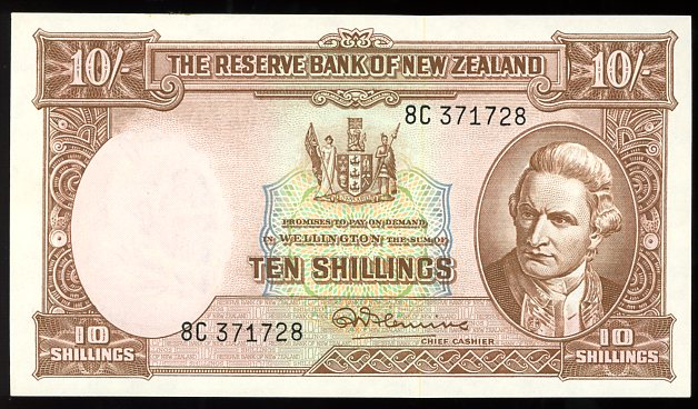 Thumbnail for 1960's New Zealand Ten Shilling Note 8C 371728 gVF