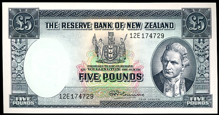 Thumbnail for 1960's Reserve Bank of New Zealand Five Pound Note with Thread 12E 174729 aUNC