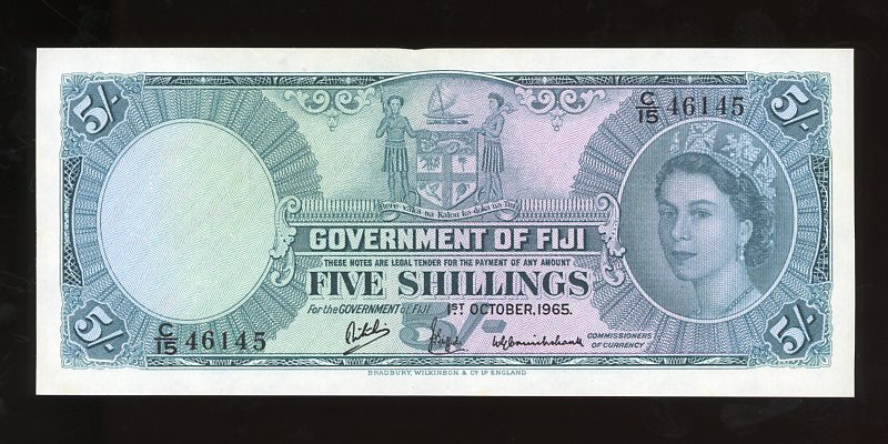 Thumbnail for 1965 Fiji Five Shillings Banknote C15 46145 gEF