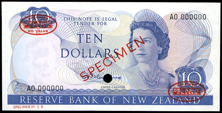 Thumbnail for 1967 New Zealand Specimen Ten Dollar - Fleming AO 000000 UNC