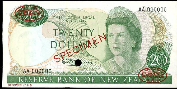 Thumbnail for 1967 New Zealand Specimen Twenty Dollar - Fleming AA 000000 UNC