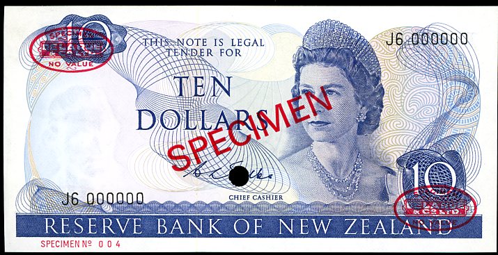 Thumbnail for 1968 New Zealand Specimen Ten Dollar - Wilks J6 000000 UNC