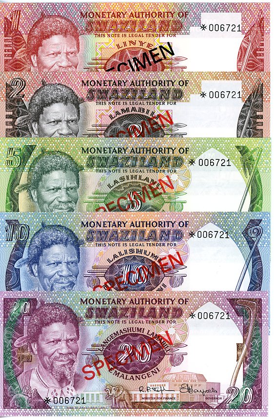 Thumbnail for 1974 Swaziland Set of 5 Specimen Notes UNC 1,2,5,10,20