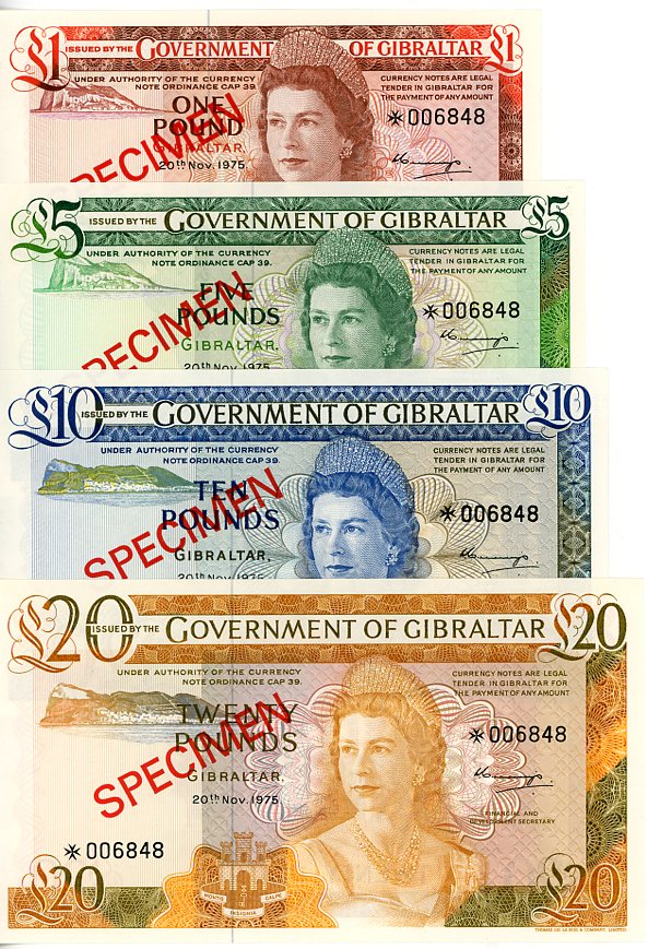 Thumbnail for 1975 Gibraltar Set of 4 Specimen Notes UNC 1,5,10,20