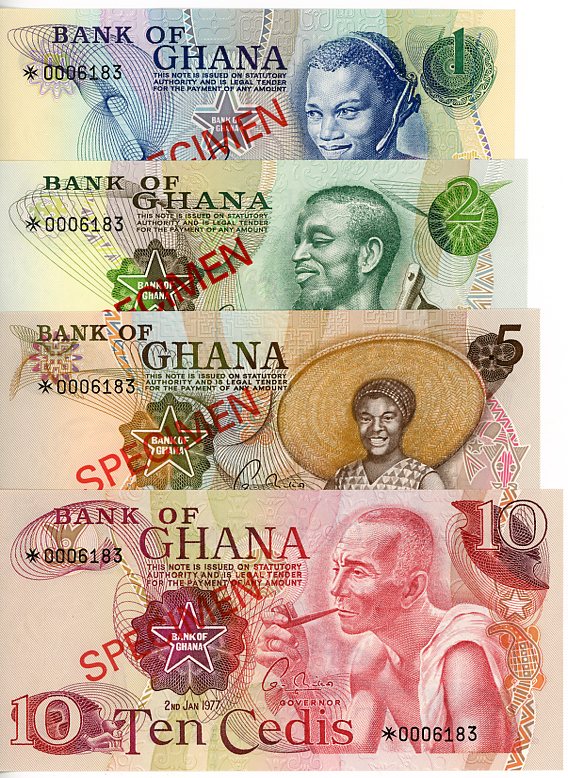 Thumbnail for 1977 Ghana Set of 4 Specimen Notes UNC 1,2,5,10