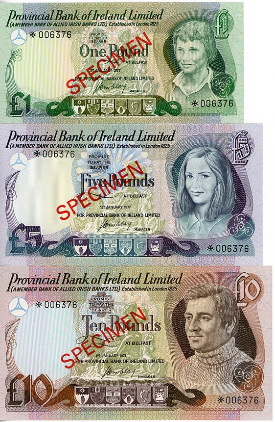 Thumbnail for 1977 Northern Ireland Set of 3 Specimen Notes UNC 1,5,10