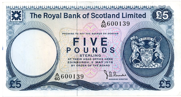Thumbnail for 1978 Royal Bank of Scotland Five Pound Note A60 600139 VF