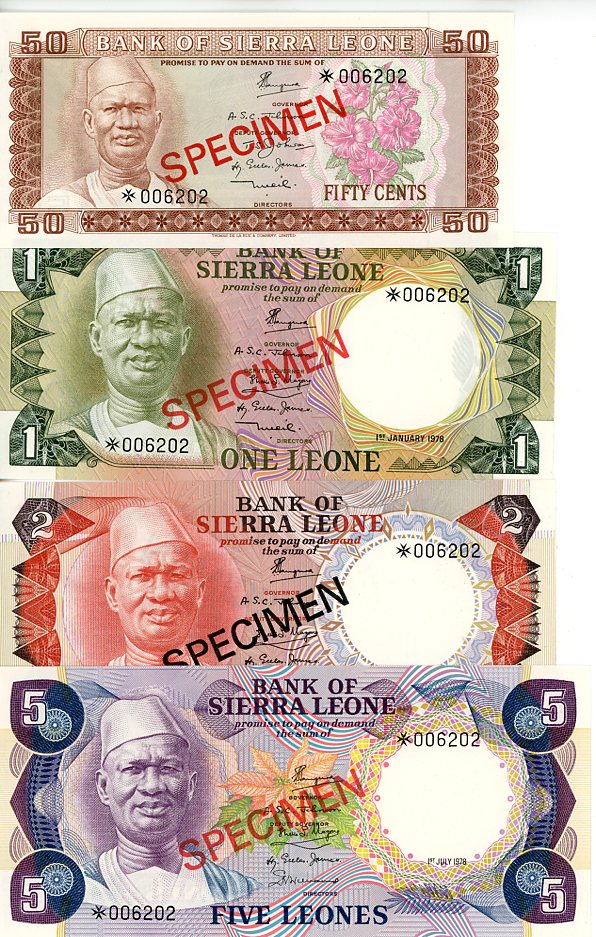 Thumbnail for 1978 Sierra Leone Set of 4 Specimen Notes UNC 50,1,2,5
