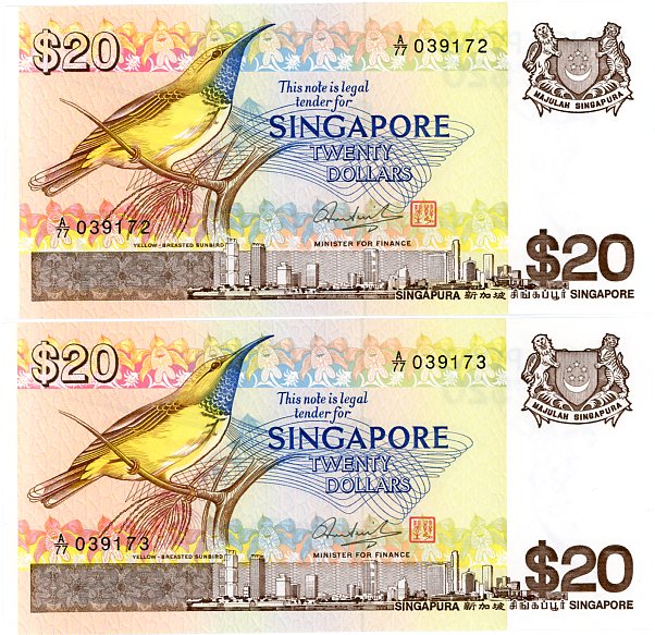 Thumbnail for 1979 Singapore Consecutive Pair Twenty Dollar Note UNC A77 039172-73