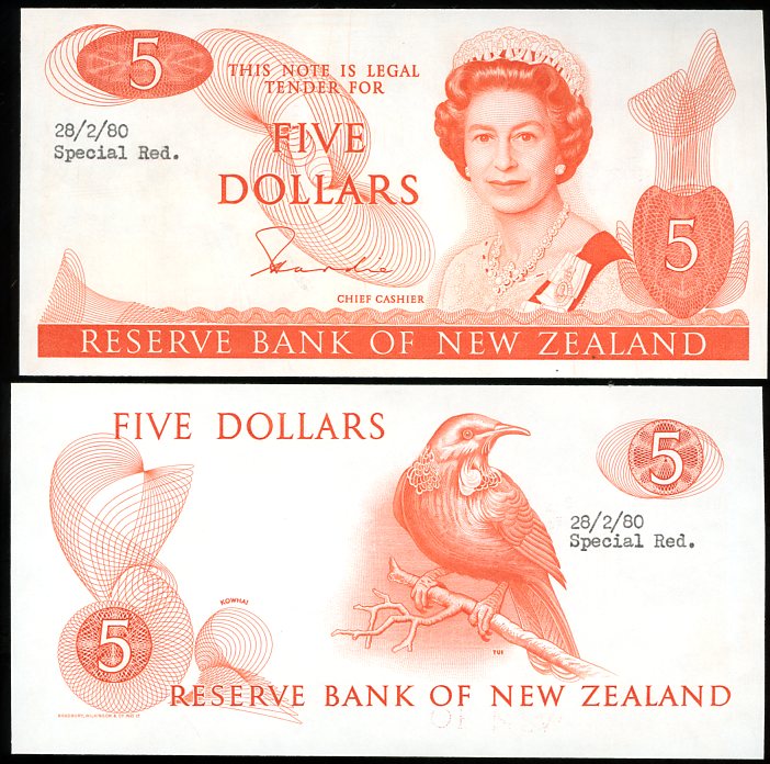 Thumbnail for 1980 New Zealand Uniface Colour Trial Five Dollar - UNC and Rare