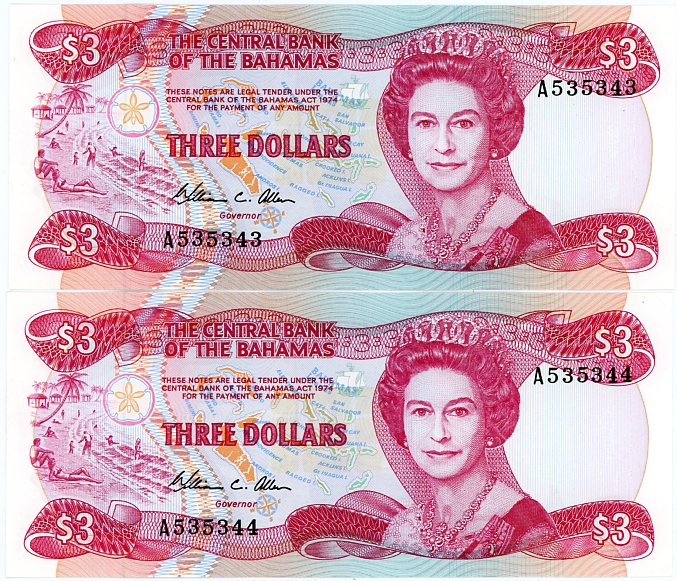 Thumbnail for 1984 Bahamas Consecutive Pair Three Dollar Note UNC A535343-44