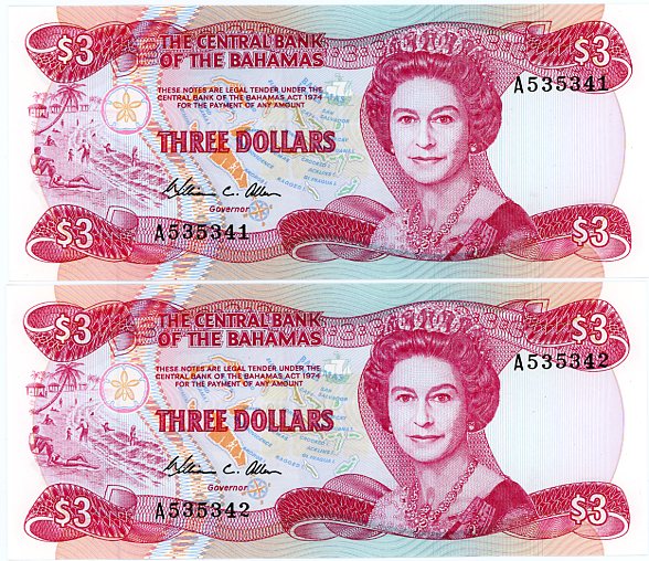 Thumbnail for 1984 Bahamas Consecutive Pair three Dollar Note UNC A535341-42