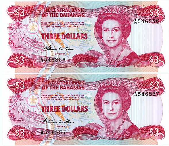 Thumbnail for 1984 Bahamas Consecutive Pair Three Dollar Notes UNC  A546856-57