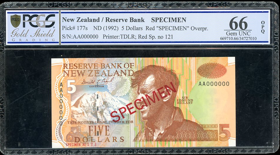 Thumbnail for 1992 New Zealand $5.00 Specimen PCGS 66 Gem UNC