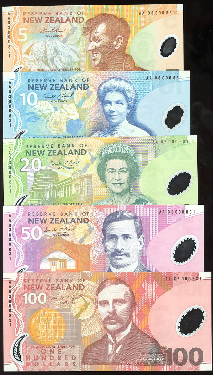Thumbnail for 2003 New Zealand Set of 5 First Prefix Notes with Matching Serial Numbers AA03 000831 UNC