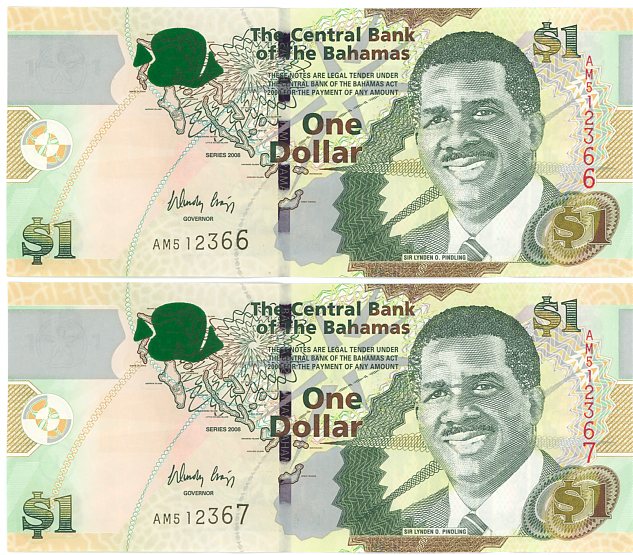 Thumbnail for 2008 Bahamas Consecutive Pair One Dollar Note UNC AM 512366-67