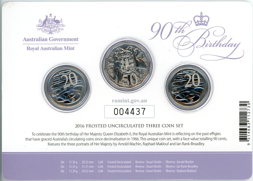 Thumbnail for 2016 Frosted UNC 3 Coin Set - Her Majesty The Queen 90th Birthday