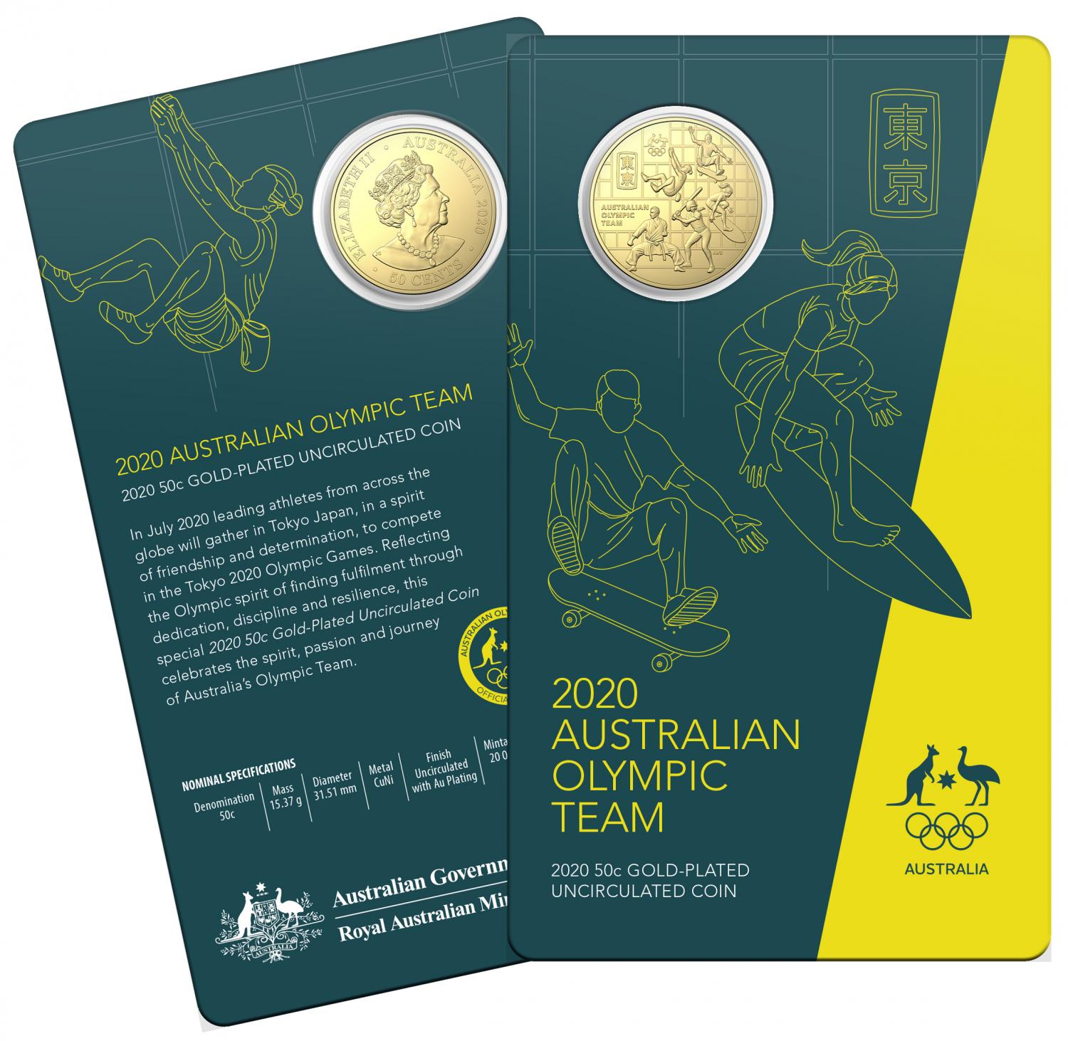 Thumbnail for 2020 Australian Olympic Team Gold Plated Fifty Cent Uncirculated Coin