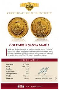 Image 3 for 2006 Palau 0.5 .999 Gram One Dollar - Columbus Santa Maria