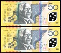 Image 2 for 2010 $50 Pair First Prefix AA10 412266-267 UNC