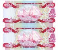 Image 2 for 1984 Bahamas Consecutive Pair Three Dollar Note UNC A535343-44