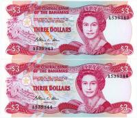 Image 1 for 1984 Bahamas Consecutive Pair Three Dollar Note UNC A535343-44