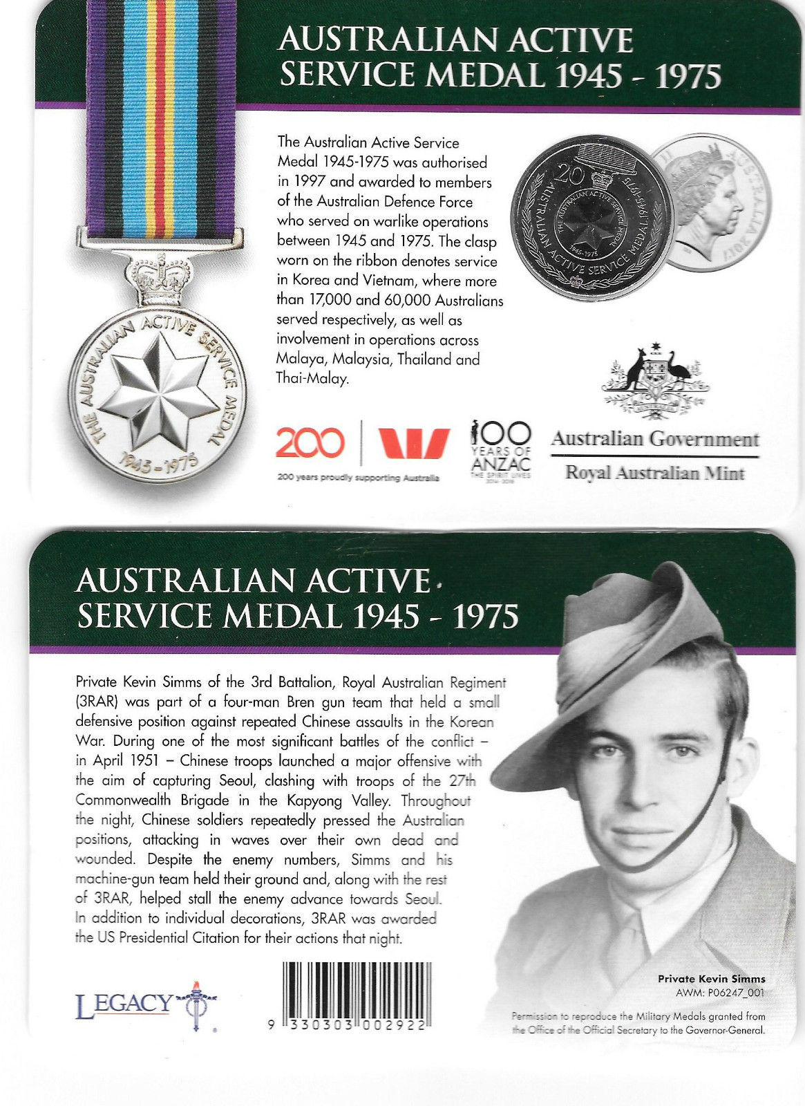 Thumbnail for 2017 Legends of the ANZACS - Australian Active Service Medal 1945-1975