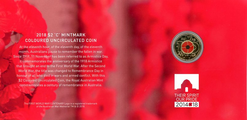 Thumbnail for 2018 Remembrance Day - Armistice Centenary $2 'C' Mintmark Coloured Uncirculated Coin